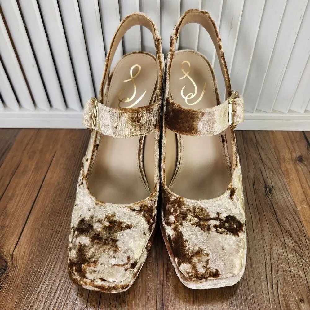 Sam Edelman Jildie Prosecco Velvet Womens Size 8.5 M Gold Mary Jane Heels Shoes